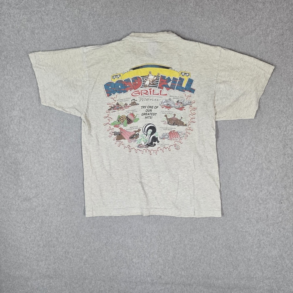 VINTAGE Eagle Men Shirt L Gray Graphic Roadkill Grill Print 90s USA READ